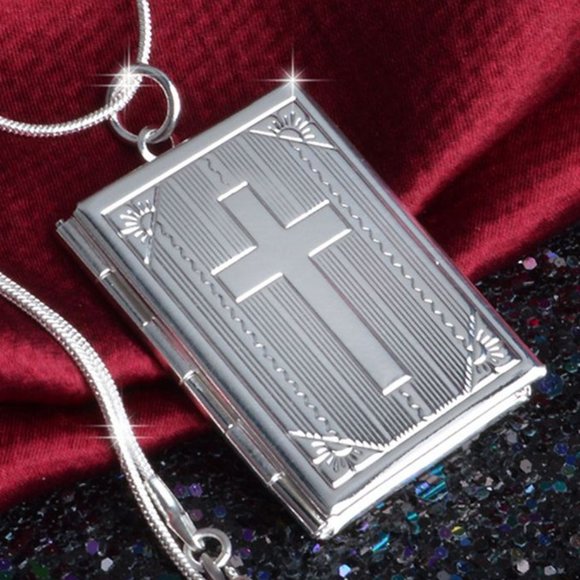 Silver Cross Bible Christian Locket Necklace - Jesus‎ Crucifix, Church, Christ - Picture 1 of 4